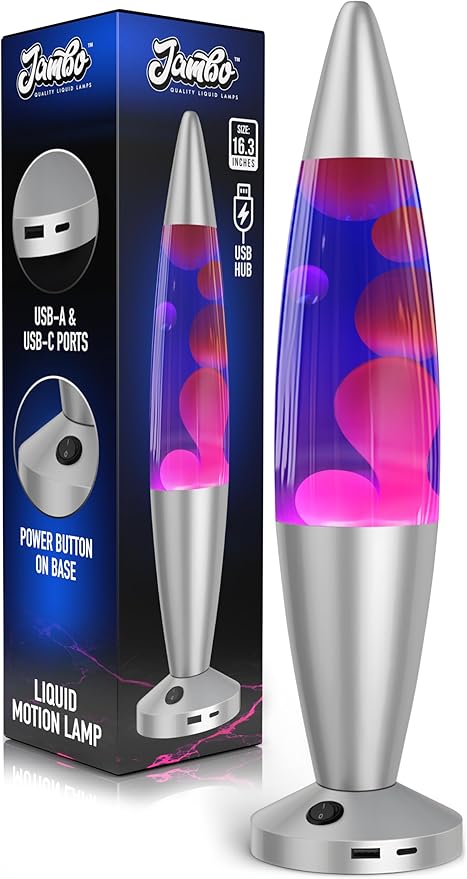 JAMBO Beautiful Liquid Lamp with USB Ports, 16" Motion Light with Blue Liquid Purple Wax, Relaxing Nightlight, Mood Light for Bedroom, Living Room, Office - Adults, Teens, Kids - Bloomnest