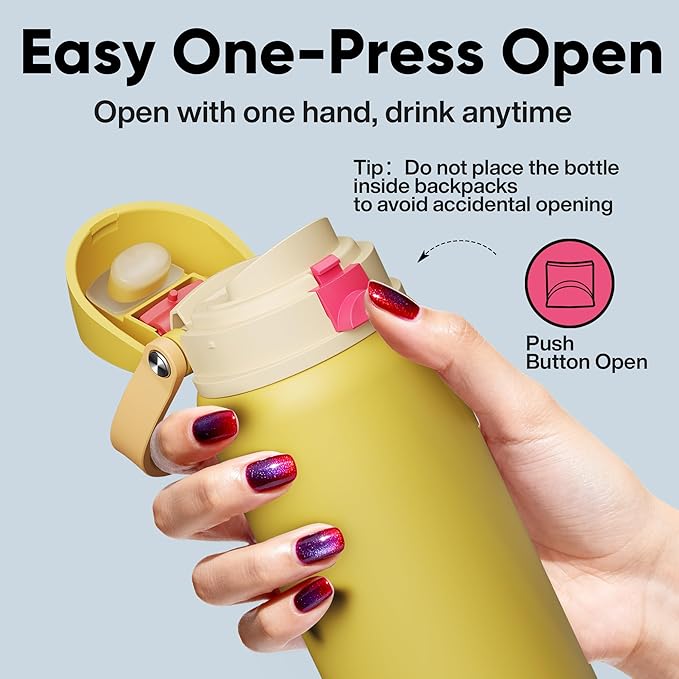 Insulated Water Bottle with Straw - Encool Stainless Steel Water Bottle with Push Button Lid, Leak-Proof & BPA-Free, Keeps Cold for 24 Hours for Sports, Travel, Gym (32 oz, Ginger) ENCOOL