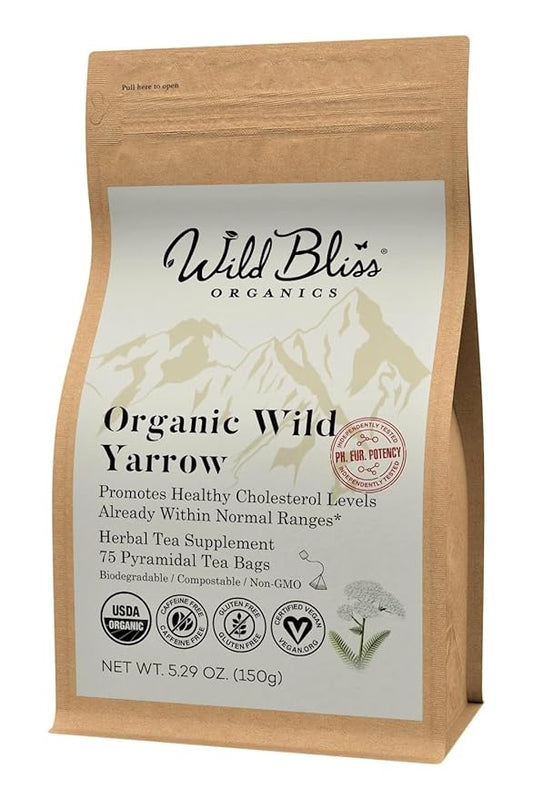 Organic Wild Yarrow Flower Herbal Tea - Caffeine Free - Pharmacopoeia Potency - 75 Plant Based Tea Bags - Bloomnest