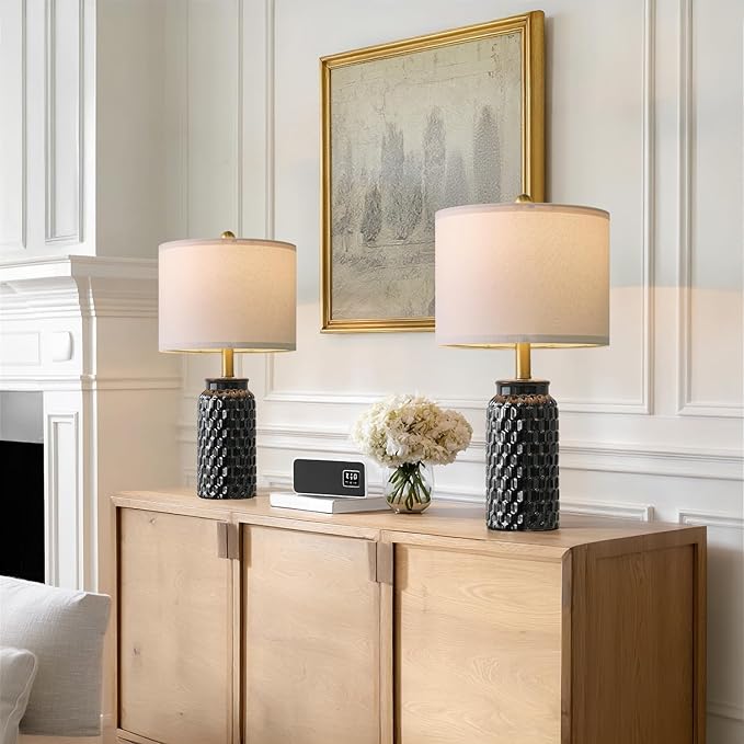20.5" Black Modern Ceramic Bedside Lamp Set of 2 for Bedroom Decor Farmhouse Table Lamp for Living Room Office Dorm - Bloomnest