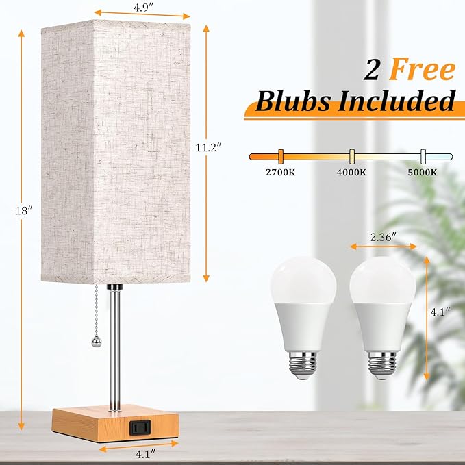 Table Lamp for Bedroom set of 2,3-Color Bedside Lamps with Pull Chain Table Lamps for Nightstand with AC Outlets,18'' Night Light Lamps with 2 Bulbs Lamps for Living Room Kids Room Office Decor（Wood） - Bloomnest