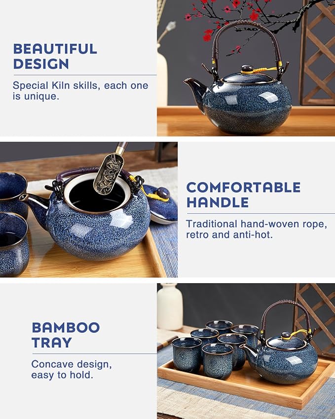 DUJUST Japanese Tea Set for 6, Kiln Altered Glaze Porcelain Tea Set with 1 Teapot, 6 Tea Cups & 1 Tea Tray, Unique Chinese Tea Sets for Adults/Tea Lovers/Women/Men, Blue - Bloomnest