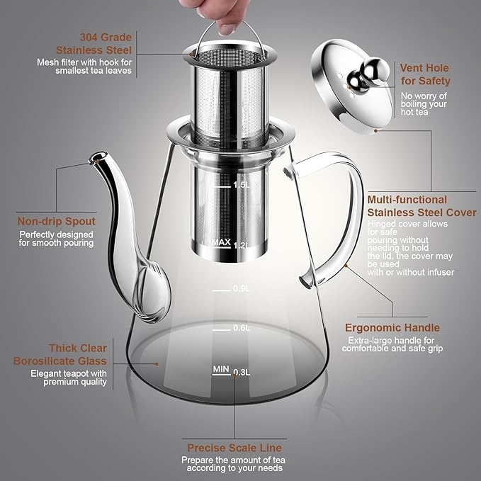 1500ml Glass Teapot, Large Tea Pot with Infuser for Loose Tea and Blooming Tea, Stovetop Safe Tea Kettle, Hand Crafted Borosilicate Glass Tea Maker with Scale Line, Tea Gift Set for Tea Lovers - Bloomnest