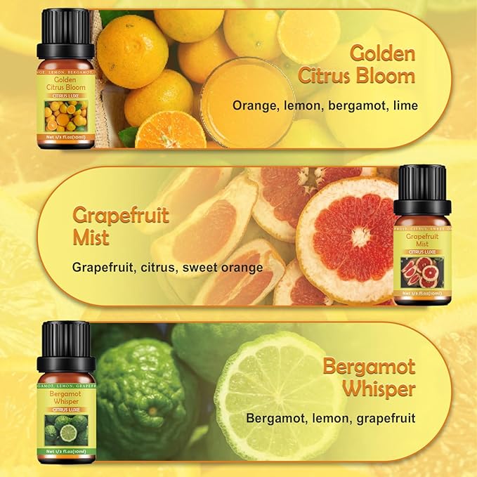 Citrus Essential Oils Set for Diffuser - 6x10ml Aromatherapy Oils Including Bergamot, Lemon, Grapefruit, Lime, Lemongrass, and Citrus Bloom - Essential Oils for Diffuser Use at Home or Office - Bloomnest