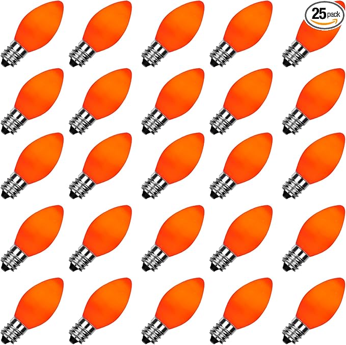 SUNSGNE C7 Christmas Orange Incandescent Night Light Bulbs, 25 Pack C7 Ceramic Replacement Bulbs for Outdoor String Lights, E12 Candelabra Base, 5 Watt, Ceramic Orange - Bloomnest