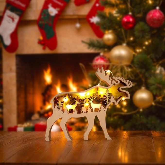 Drawelry 3D Wood Carving Animals Lamp Home Decorative, Cute Bear Family Elephant Presents Ideas Christmas Living Room Office Decor Warm LED Night Lights Gift for Friend Daughter Son Mom Dad (Moose) - Bloomnest