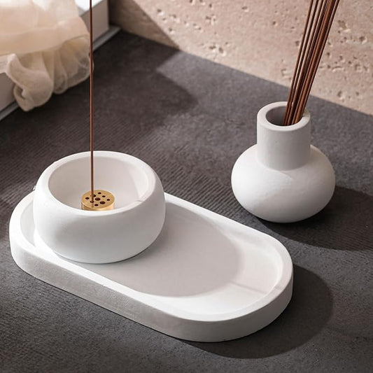 Concrete Incense Burner Set with Holder and Tray,Multifunction Incense Holder for Burning Sage,Palo Santo,Incense Sticks,Ideal for Meditation Home Decor(White) - Bloomnest