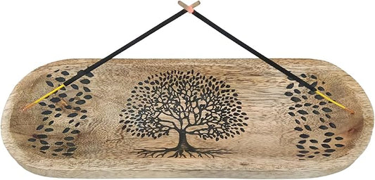 VANIYA CRAFTS® Wooden Handmade Tree of Life Design Boat Shape Incense Holder Stand Insence Tray for Home Decor Restaurant (11X4, Natural Black) - Bloomnest