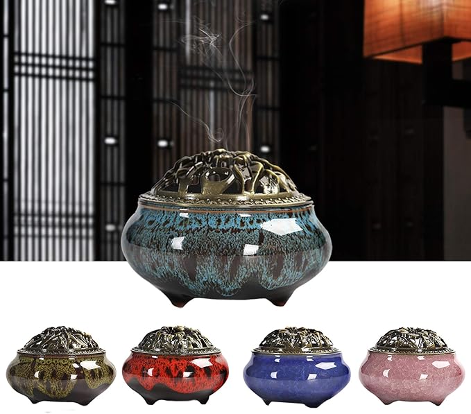 Ceramic Incense Burner with Calabash Incense Holder, 3 in 1 Stick or Cone Coil Incense Burner, Brass Lid for Yoga Spa Meditation - Bloomnest