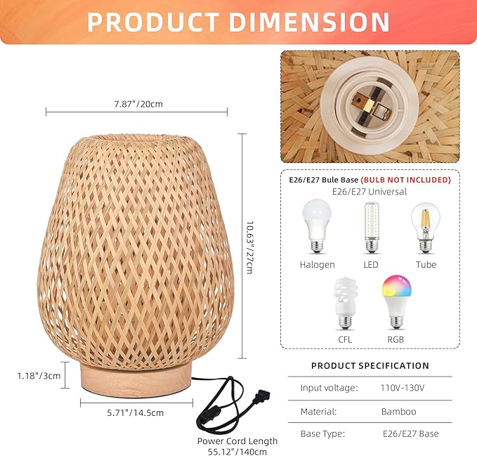 Bamboo Weaving Table Lamp with Handmade Natural Wooden Base, Eye-Caring Bedroom Bedside Night Light, Retro Desk Lamp Reading Light Home Decor, Unique Handicraft House Warmging Gift - Bloomnest