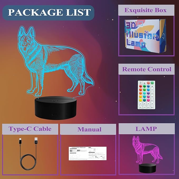 German Shepherd Night Light, German Shepherd Gifts, 3D Illusion Lamp with Remote Control, 16 RGB Colors, 4 Flashing Modes, Timer, Dimmable, Kids Room Dog Decoration for Holiday Birthday Christmas - Bloomnest