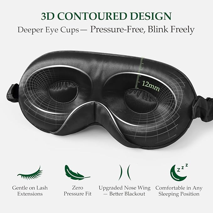 100% 22 Momme Mulberry Silk Sleep Mask with Adjustable Strap, 3D Contoured Cup Silk Eye Mask for Sleeping, Total Black Out, Black - Bloomnest