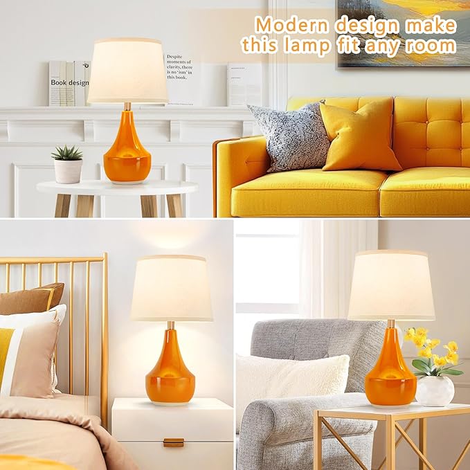GyroVu Table Lamp Set of 2, Ceramic Table Lamp Classic Beside Lamps Nightstand Lamp Modern Table Lamp for Living Room, Bedroom & Office Rocker Swtich Orange-LED Bulbs Included - Bloomnest