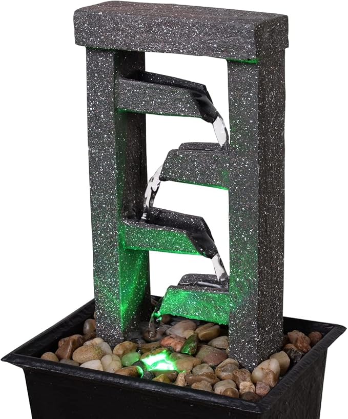 GOSSI 10" H 4 Tiered Cascading Rectangle Indoor Desktop Fountain with Natural River Rocks and RGB Color Changing LED Lights Home/Office Decoration Meditiation Resin waterfull Tabletop Fountain - Bloomnest