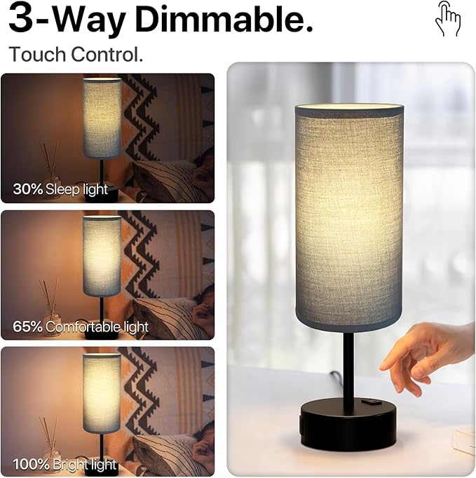 KPQ Small Bedside Lamp Touch Control Table Lamp with USB A+C Charging Ports & AC Outlet 3-Way Dimmable Nightstand Lamp with Linen Fabric Shade for Bedroom Living Room - Bloomnest