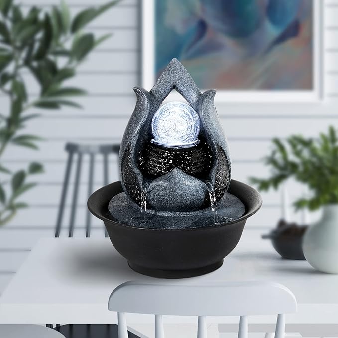 WICHEMI Indoor Water Fountain Tabletop Fountains with LED Rolling Ball, Feng Shui Zen Meditation Desktop Waterfall Fountains Calming Water Sound Relaxation Fountain for Home Bedroom Office (Style 12)