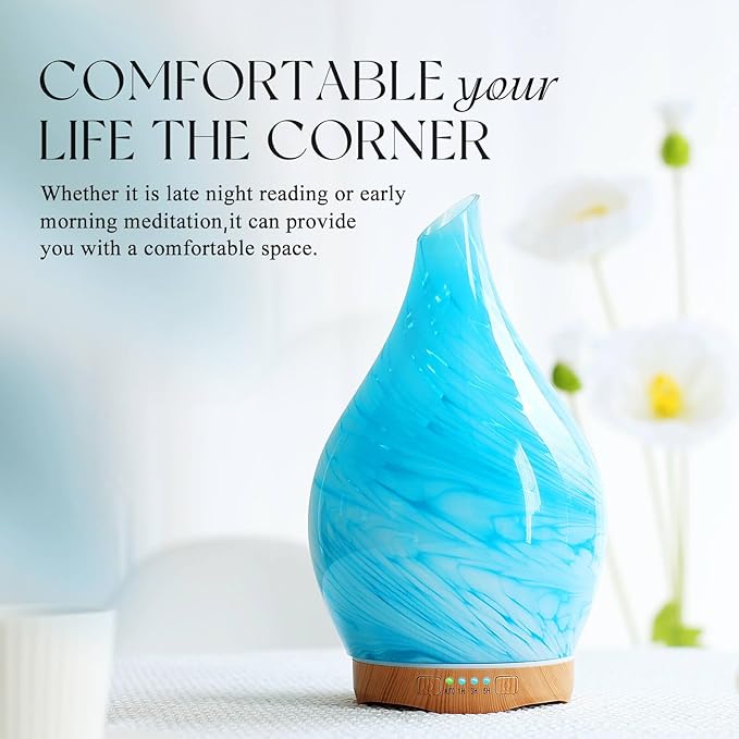 Porseme 280ml Essential Oil Diffuser Glass Color Changing Aroma Air Diffusers Aromatherapy Ultrasonic Cool Mist Humidifier 7 Running Hours Waterless Auto-off for Sleeping, Yoga, Office, Spa(Blue Wave) - Bloomnest