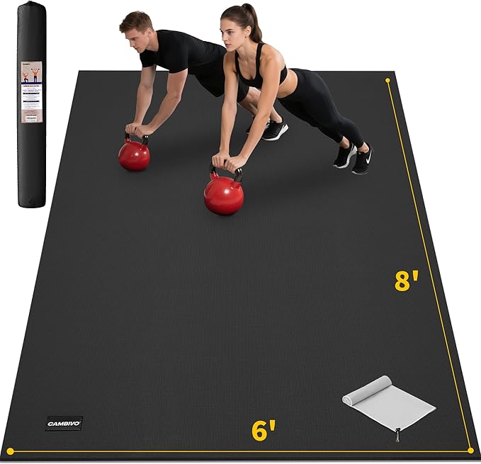 CAMBIVO Large Exercise Mat for Home Workout, 8'x6'/7'x5'/6'x4' (7 mm) Extra Thick Exercise Mat for Home Gym, Shoe-Friendly, Non-Slip Gym Mat for Jump Rope, Weights, Cardio, Fitness - Bloomnest