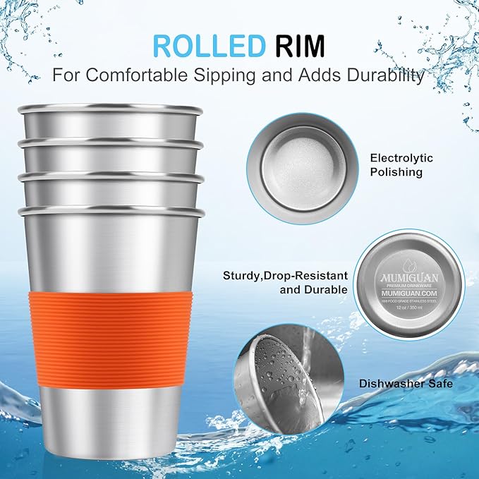 Stainless Steel Cups for Kids with Silicone Sleeves 7.8oz/230ml (4 Pack), Stainless Steel Tumbler, Kids Cups, Camping Stainless Steel Cups, Stackable Durable Metal Drinking Glasses, BPA Free - Bloomnest