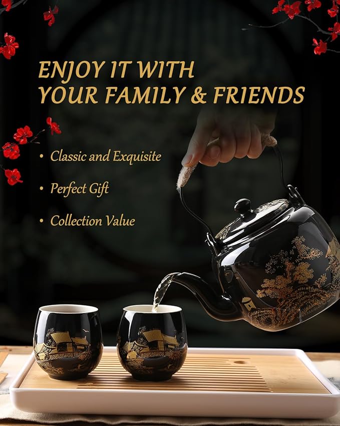 Dujust Japanese Tea Set, Black Porcelain Tea Set with 1 Teapot Set, 6 Tea Cups, 1 Tea Tray, 1 Stainless Infuser, Beautiful Asian Tea Sets for Adults, Tea Lover/Women/Men (Countryside in Golden) - Bloomnest