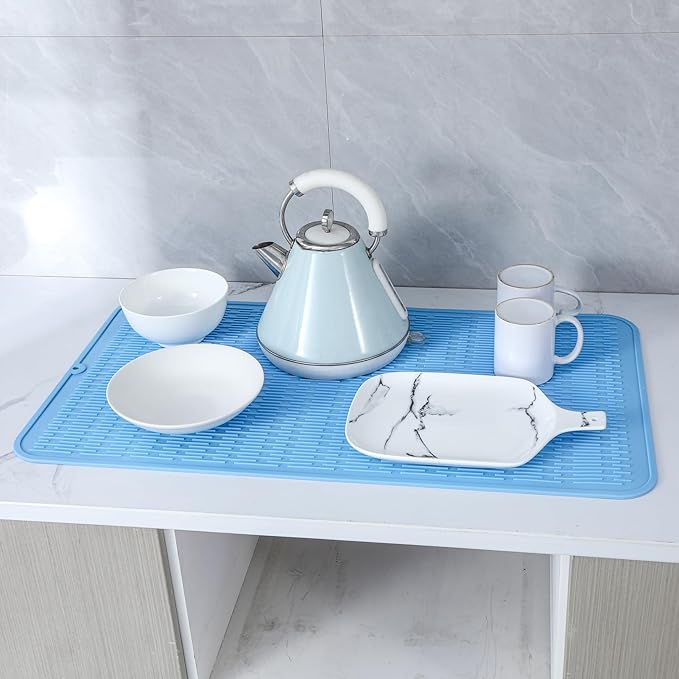 Silicone Dish Drying Mat for Multiple Usage,Easy clean,Eco-friendly,Heat-resistant Silicone Mat for Kitchen Counter or Sink,Refrigerator or Drawer Liner Light Blue 3XL 28 inches x 18 inches - Bloomnest