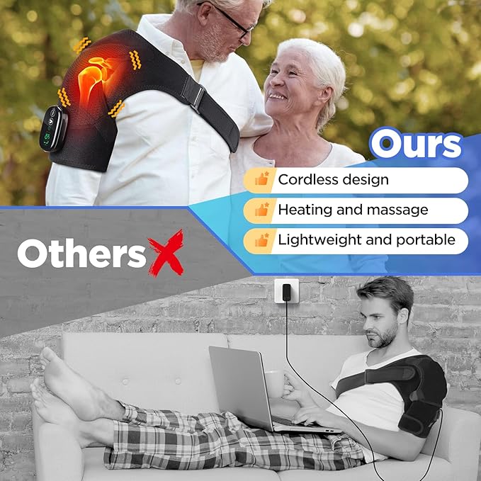 Cordless Portable Shoulder Heating Pad & Massager, Heating Vibration Shoulder Wrap, Shoulder Brace for Pain Relief, Rotator Cuff Support for Men & Women, Black - Bloomnest