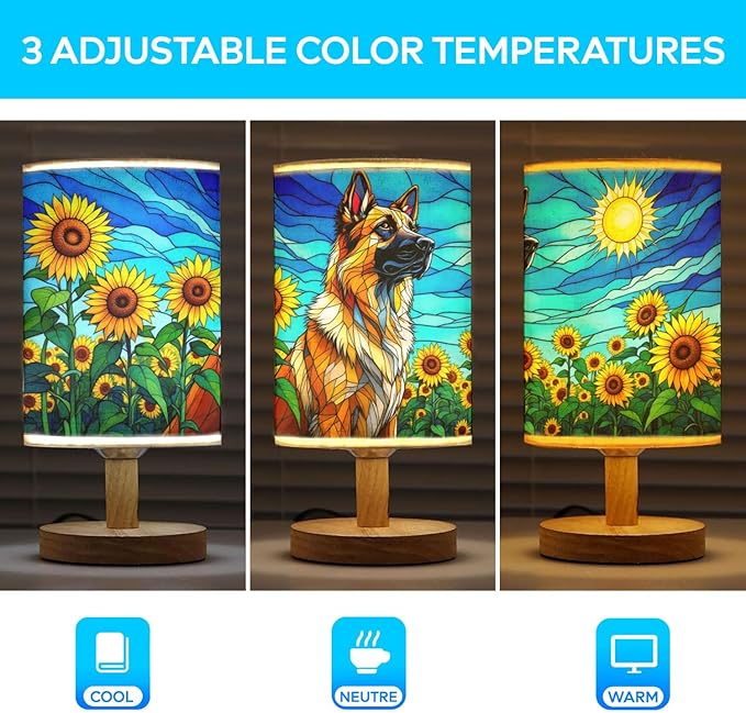 Anatolian Shepherd Table Lamp LED 3-Color Pressed Bedside, Dog Shade Lamp with Wood Base for Bedroom Living Room Desk Office - Bloomnest