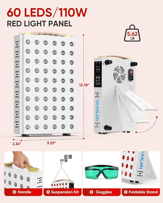 Red Light Therapy for Face, 660nm 850nm Near-Infrared Light Therapy Panel for Body, 110W with 60 Dual Chip LEDs, 135mW/cm² High Irradiance Device for Daily Wellness & Relaxation at Home - YA60 YAMURI