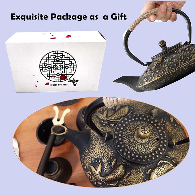 Cast Iron Teapot Set with Gift Pakckage, Koi Fish Tea Pot, Japanese Style Tetsubin Tea Gift Set, 4 Cups, Trivet and Lid Holder (koi fish)