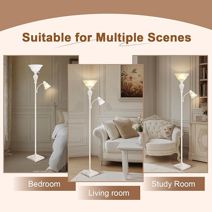 Torchiere Floor Lamp with Adjustable Reading Light, 72" Tall Vintage Lamp with White Glass Shade, Farmhouse Standing Lamp, Rustic LED Floor Lamp for Living Room Bedroom Office Corner, Bulbs Included - Bloomnest