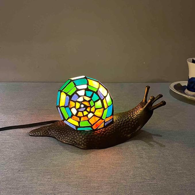 Bieye L13003 Land Snail Tiffany Style Stained Glass Accent Table Lamp for Home Decoration (Multicolor, 10" D x 5" W x 5" H) - Bloomnest