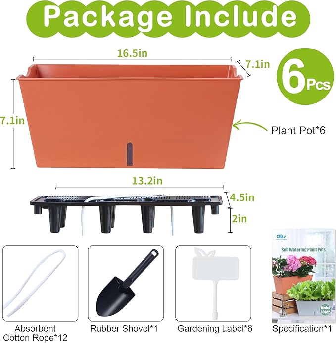 Window Box Planter 6 Pcs, 16.5 Inches Self Watering Rectangle Flower Plant Pots with Drainage Holes Trays, Vegetable Planters for Windowsill Patio Garden Balcony Porch Yard (Orange) - Bloomnest