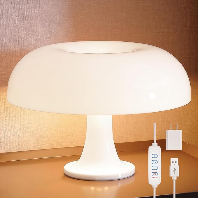 White Mushroom Lamp, Dimmable Mushroom Table Lamp with 3 Lighting Modes, 70s Retro Lamp Mid Century Modern Light Mushroom Shaped Donut Lamp for Bedroom, Cool Home Decor Aesthetic Light - Bloomnest