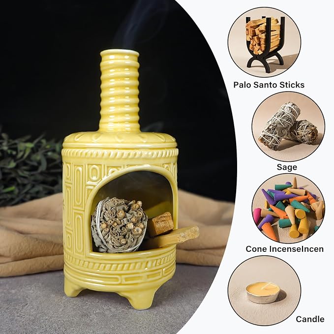 Yellow Ceramic Palo Santo Burner Holder - Purpose for Palo Santo Sticks, Sage Smudge Sticks & Incense Cones Burning – Ideal for Energy Cleansing, Yoga, Meditation & with Unique Chimney Design - Bloomnest