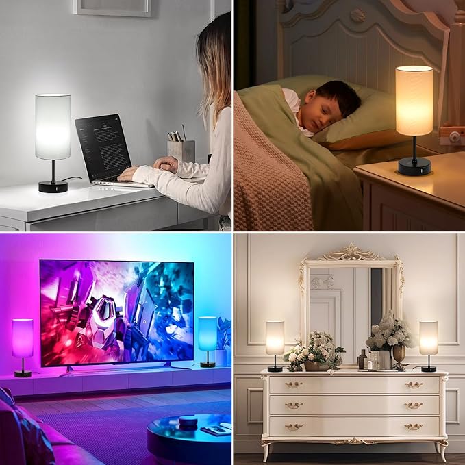 Unicozin Small Table Lamp, 3 CCT 3000K/4500K/6500K & RGB Color Changing, Stepless Dimmable Bedside Lamp for Reading, Touch Control Ambience Nightstand Light for Home Decor Party, Cream Shade - Bloomnest