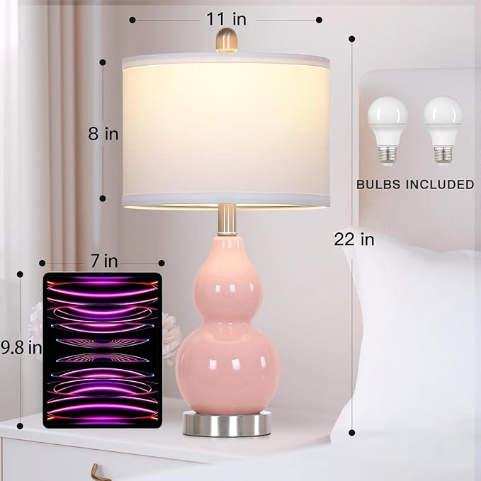 22" Double Gourd Ceramic Table Lamps Set of 2, Pink Modern Bedside Lamps for Living Room, Contemporary Nightstand Desk Lamps for Bedroom End Table Home Office Decor(2 LED Bulbs Included) - Bloomnest