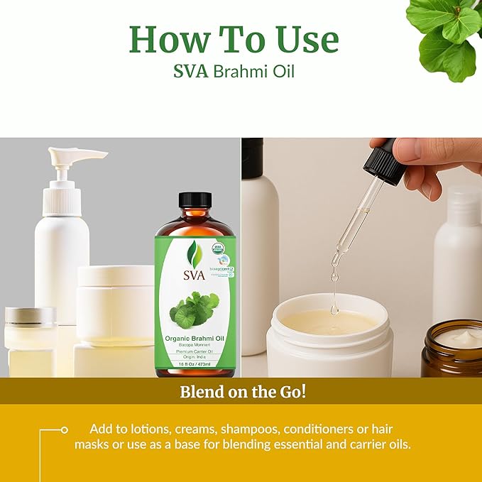 SVA Brahmi Oil Organic - 16 Fl Oz – 100% Natural Cold Pressed Organic Brahmi- for Face, Skin Care, Hair Care, Scalp Massage & Body Massage – Carrier Oil - Bloomnest
