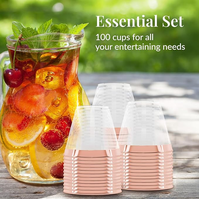 Prestee 100 Rose Gold Plastic Cups - Rose Gold Plastic Cups 9 oz - Party Decorations - Disposable Wine Cup - Clear Cup - Bulk Party Wine Glasses - Bloomnest