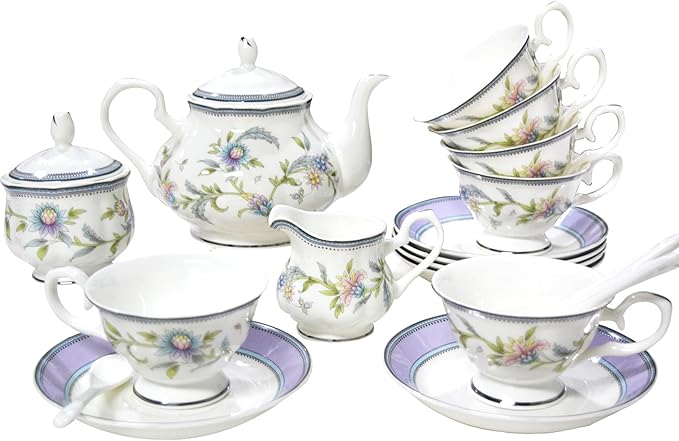 Bone China Tea Set, 21-Pieces Porcelain Tea Set for Adults, Tea Cups And Saucers for 6, with Teapot, Spoons, Sugar Bowl, Creamer Pitcher, Vintage Tea Set for Women Tea Party (Purple) - Bloomnest