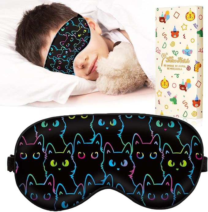 Sleep Mask for Kids - Cute Kawaii Cartoon Silk Sleeping Mask with Adjustable Strap Soft Smooth Light Eye Mask for Sleeping Silk Kids Eye Cover for Boys Girls Teens, Luminous Black Cats - Bloomnest