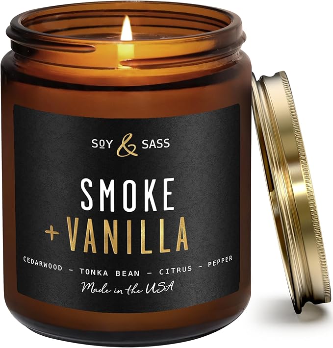 Smoke and Vanilla Candle I Scented Black Candles for Men or Women - Fire Wood, Vanilla & Smoke Soy Wax Mens Candle - Infused w/Essential Oils | Long-Lasting 50Hr Burn, 9oz I Non Toxic I Made in USA - Bloomnest