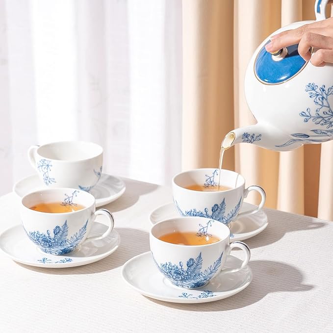 Tea Sets for Women Gift, Blue Porcelain Tea Set, 37 oz Large Teapot Set with Infuser,Tea Cups and Saucers for 4 in European Style, Tea Gift Sets for Holidays - Bloomnest