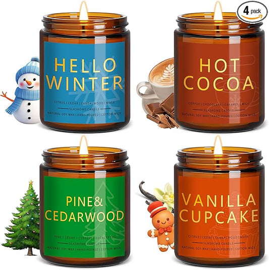 Winter Candle Gift Set, 4 Pack 7 oz Soy Scented Candles for Home, Christmas, Holiday & Birthday Gifts for Women & Men, Includes Hello Winter, Pine & Cedarwood, Hot Cocoa, and Vanilla Cupcake - Bloomnest