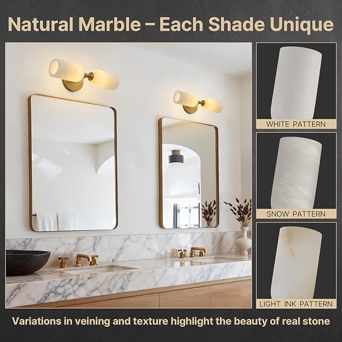 Vintage Alabaster Brass Wall Sconce: Antique Spanish Natural Marble Modern Vanity Wall Lights - 14" Cylinder Retro Brushed Gold Sconces - Indoor Sconce for Bathroom Bedroom Stair Hallway Living Room - Bloomnest
