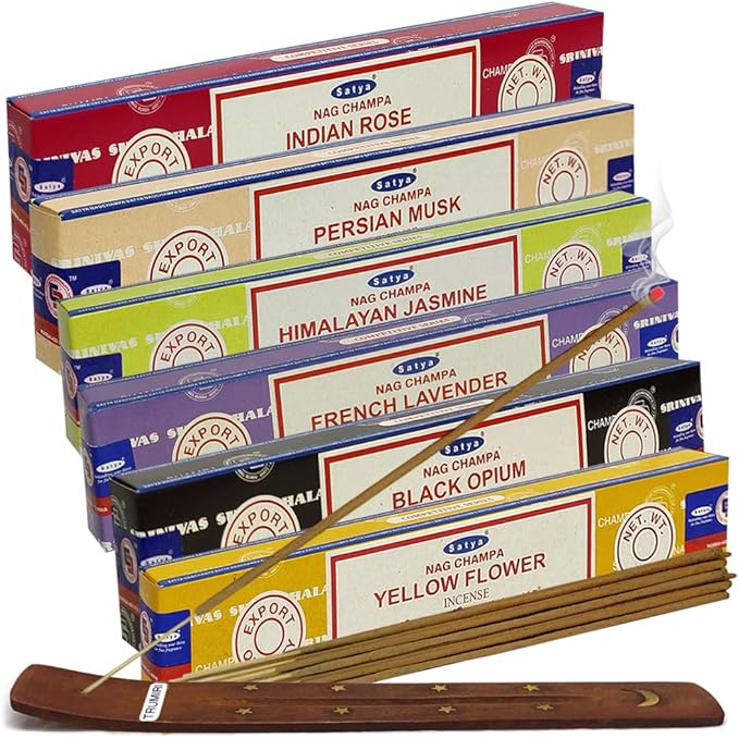 Satya Incense Sticks Variety Pack #7 and Incense Stick Holder Bundle with 6 Floral Fragrances TRUMIRI