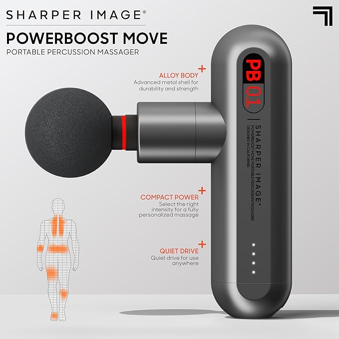 Sharper Image Percussion Massage Gun, Powerboost Move, Lightweight & Portable, 4 Attachments, 4 Speeds, Full Body Back & Shoulder Massager for Deep Tissue Muscle Recovery, Pain Relief & Soreness - Bloomnest