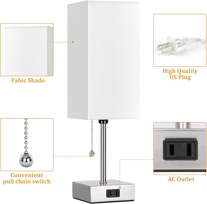 Dott Arts Touch Control Bedside Lamp, 3 Way Dimmable Nightstand Lamp with 2 USB Ports & AC Outlet, Modern Style, White Fabric Shade - Bloomnest