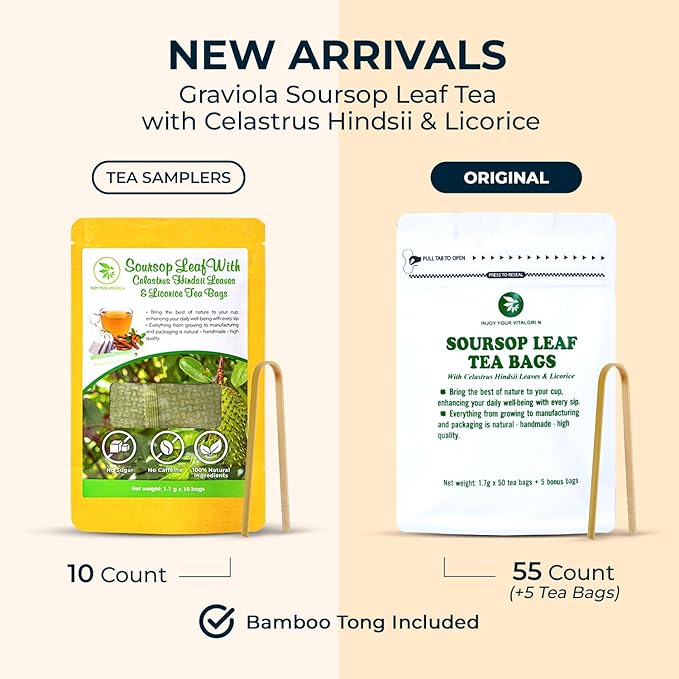Graviola Soursop Leaf Tea Samplers with Celastrus Hindsii & Licorice - 10 Count + Bamboo Tong, Corn Based Tea Bags, Natural Herbal Tea for Comfort Relax, Re-Steep Hoja De Guanabana - Bloomnest