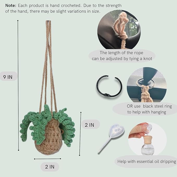 Handmade Crochet Hanging Car Air Freshener - Botanical Fern Leaf Design with 12ml Refillable Glass Essential Oil Bottle, Long-Lasting Car Diffuser & Nature-Inspired Decor - Bloomnest