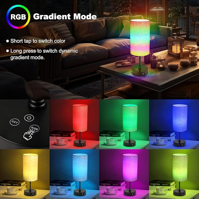 Unicozin Table Lamp, 3 CCT 3000K/4500K/6500K & RGB Color Changing, Stepless Dimmable Small Bedside Lamp for Reading, Ambience Nightstand Light for Home Decor Party, Beige Shade - Bloomnest